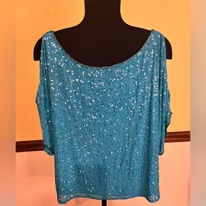 EUC Teal Sequined and Beaded Cold Shoulder Vintage Top